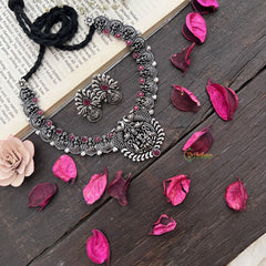Vriksham Handcrafted Oxidized Silver Temple Lakshmi Neckpiece-Red-S911