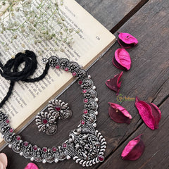 Vriksham Handcrafted Oxidized Silver Temple Lakshmi Neckpiece-Red-S911