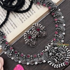 Vriksham Handcrafted Oxidized Silver Temple Lakshmi Neckpiece-Red-S911