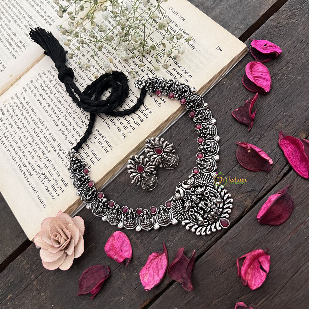 Vriksham Handcrafted Oxidized Silver Temple Lakshmi Neckpiece-Red-S911