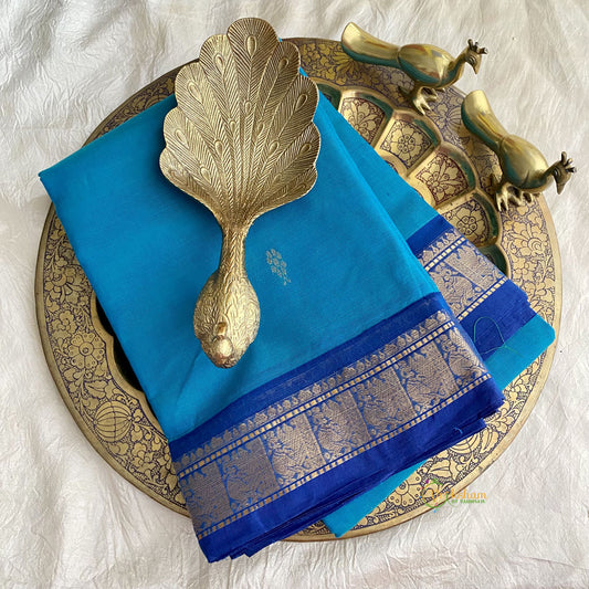 Light Blue Kanchi Cotton Saree with Golden Border - Handloom - VS3689