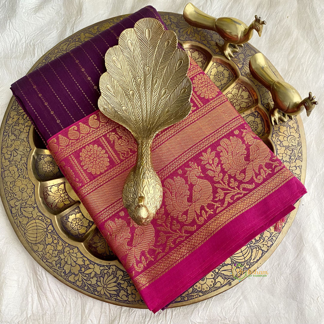 Purple Kanchi Cotton Saree with Double Golden Border - Handloom - VS3690