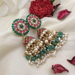 Designer Floral Jadau Kundan Jhumkas-Green Beads-J2519