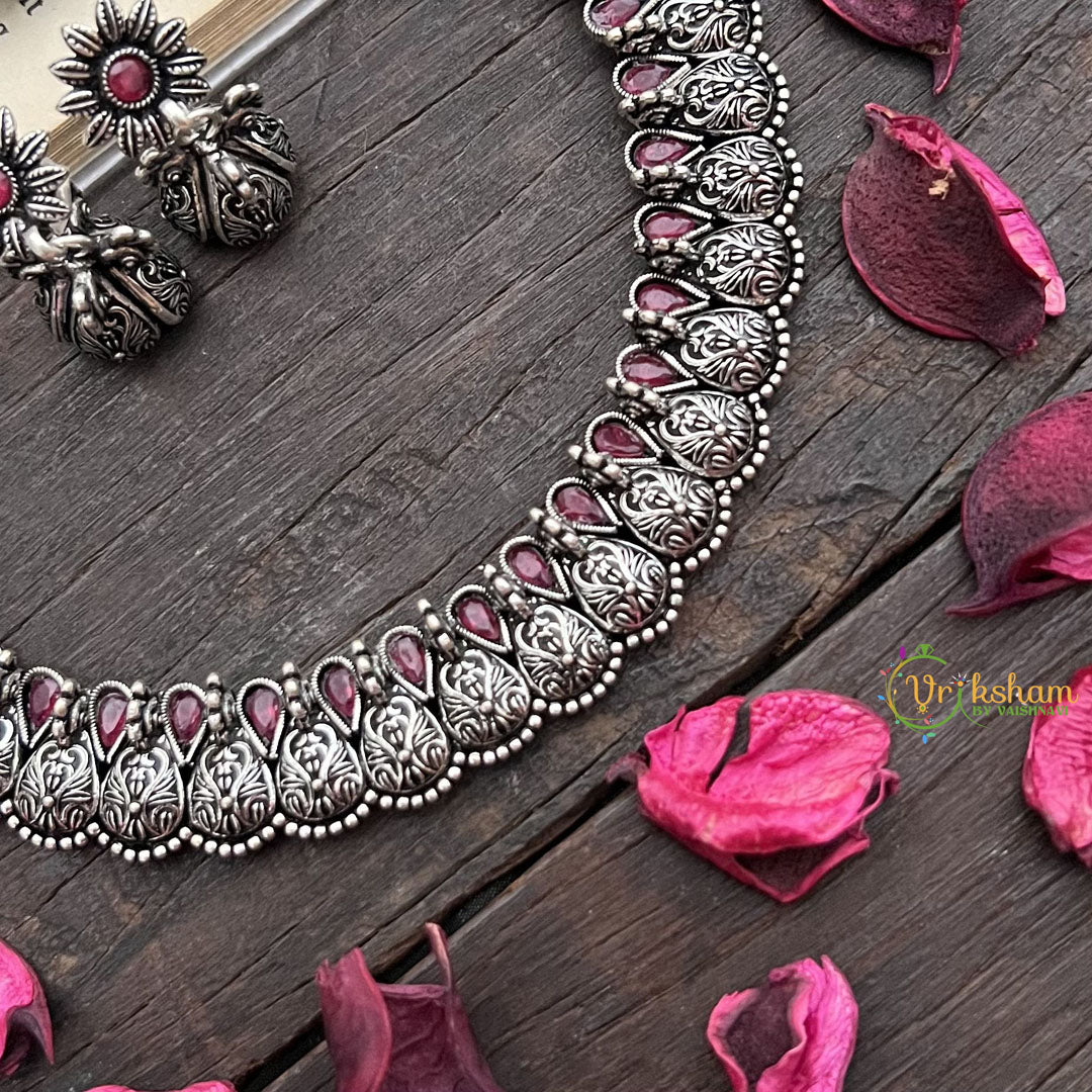 Vriksham Royal Peacock Oxidized Silver Neckpiece-Red-S912