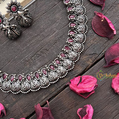 Vriksham Royal Peacock Oxidized Silver Neckpiece-Red-S912