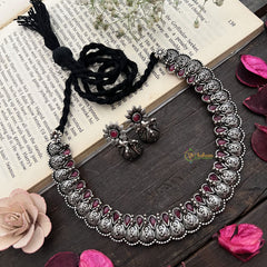 Vriksham Royal Peacock Oxidized Silver Neckpiece-Red-S912