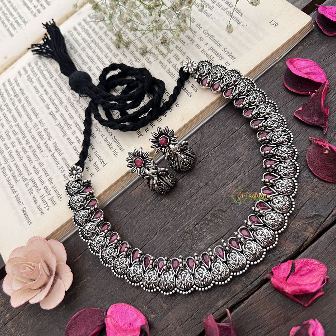 Vriksham Royal Peacock Oxidized Silver Neckpiece-Red-S912