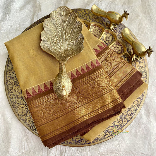 Golden Brown Kanchi Cotton Saree with Golden Border - Handloom - VS3707
