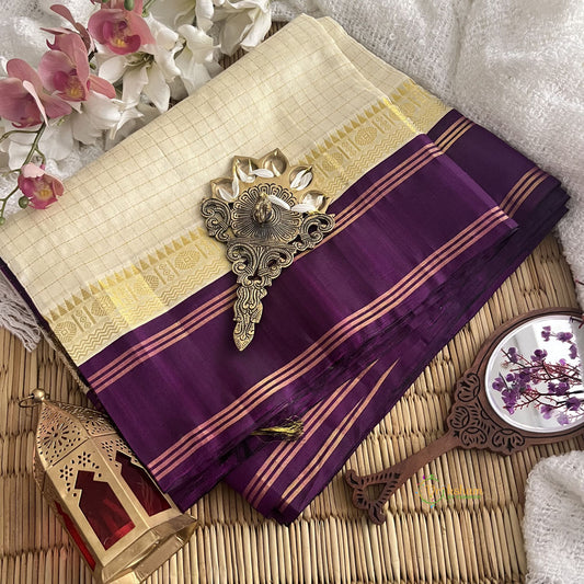 Off White with Purple Border Silk Cotton Saree -Handloom-Vairaoosi Podi Kattam-VS3356