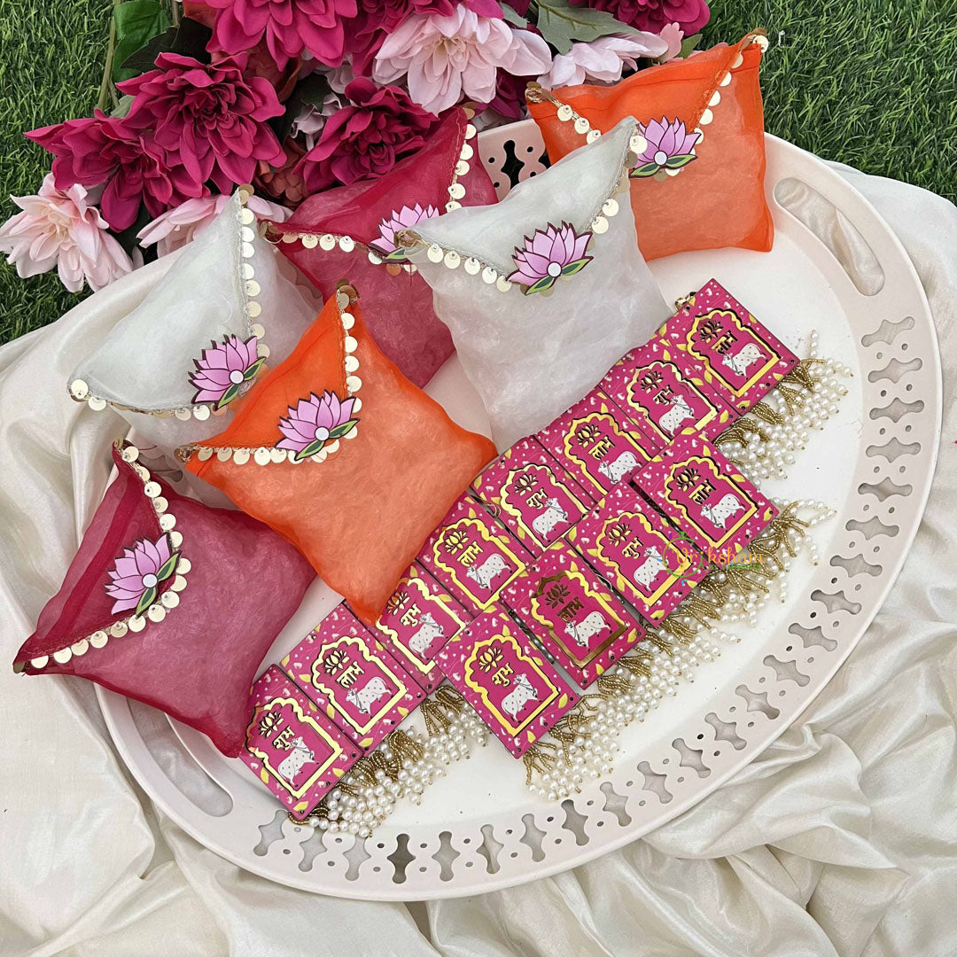 Vriksham Spiritual Festive Favor Combo-Blessing Cards with Beads & Gift Bags-Pink (Pack of 6)-RG348