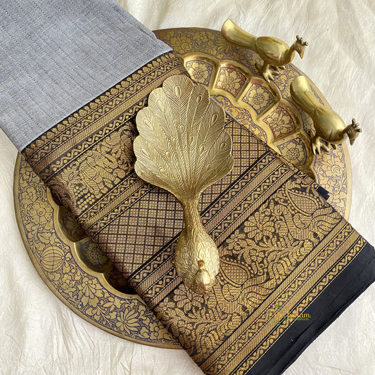 Elegant Grey Kanchi Cotton Saree with Thick Golden Border - Handloom - VS3702
