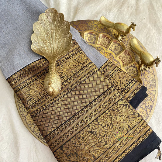 Elegant Grey Kanchi Cotton Saree with Thick Golden Border - Handloom - VS3702