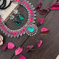 Vriksham Peacock Inspired Red With Green Drop Earrings Oxidized Silver Neckpiece-S918