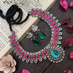 Vriksham Peacock Inspired Red With Green Drop Earrings Oxidized Silver Neckpiece-S918