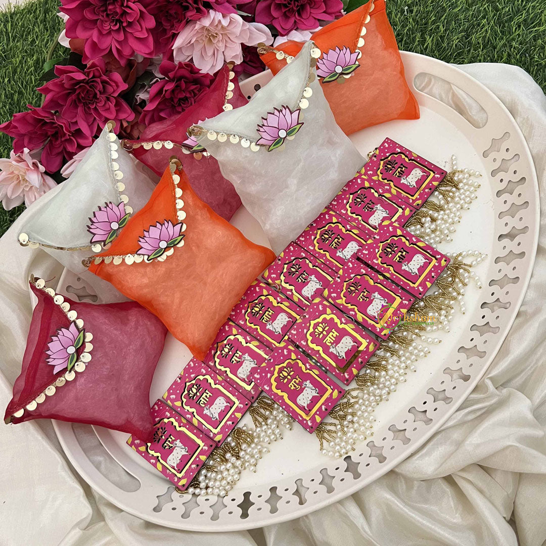 Vriksham Spiritual Festive Favor Combo-Blessing Cards with Beads & Gift Bags-Pink (Pack of 6)-RG348