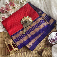 Red with Purple Border Silk Cotton Saree-Handloom-Vairaoosi Podi Kattam-VS3369