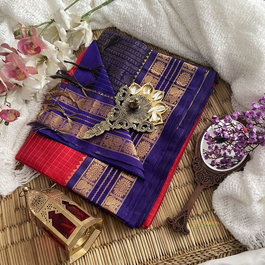 Red with Purple Border Silk Cotton Saree-Handloom-Vairaoosi Podi Kattam-VS3369