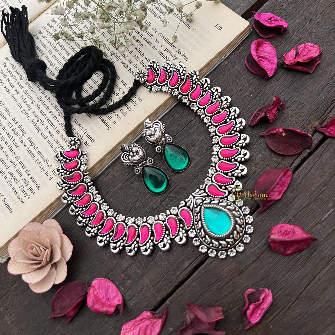 Vriksham Peacock Inspired Red With Green Drop Earrings Oxidized Silver Neckpiece-S918