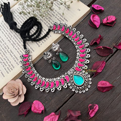 Vriksham Peacock Inspired Red With Green Drop Earrings Oxidized Silver Neckpiece-S918