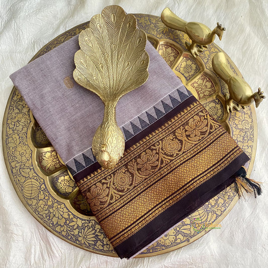 Graceful Grey Kanchi Cotton Saree with Golden Border - Handloom - VS3692