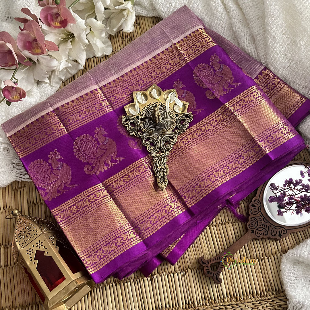 Lavender with Purple Border Silk Cotton Saree-Handloom-Vairaoosi Podi kattam-VS3371