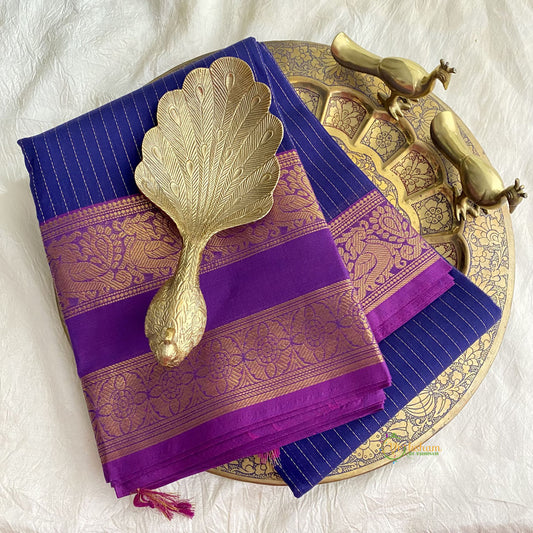 Royal Blue Kanchi Cotton Saree with Double Golden Border - Handloom - VS3688