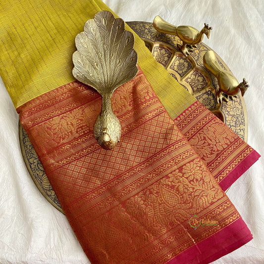 Mustard Colour Kanchi Cotton Saree with Thick Golden Border - Handloom - VS3703