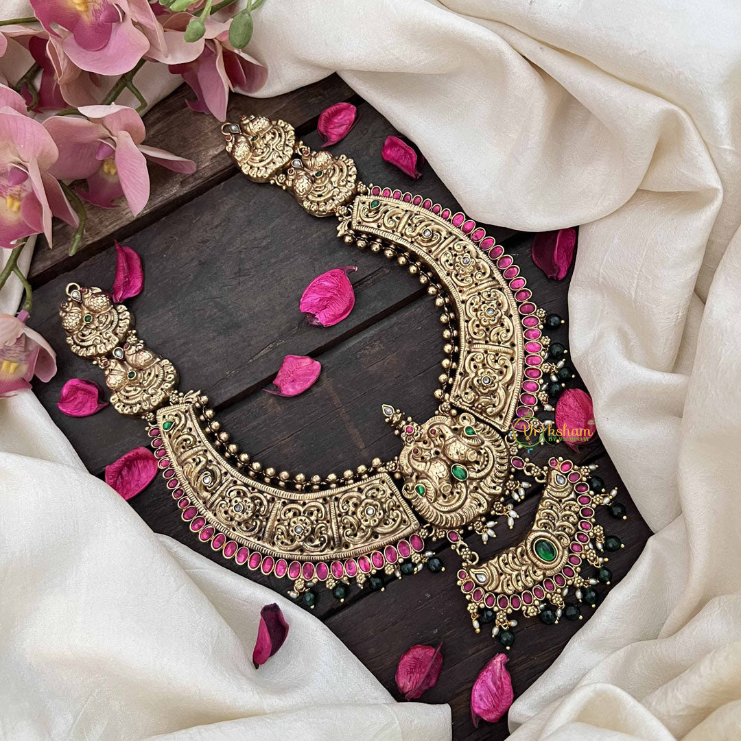 Vriksham Traditional South Indian Temple 1 gm Gold Neckpiece-Red Green-Green Bead-G20767