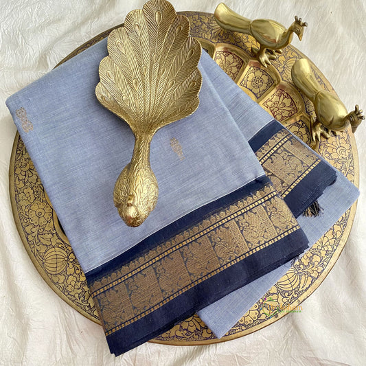 Light Grey Kanchi Cotton Saree with Golden Border - Handloom - VS3709