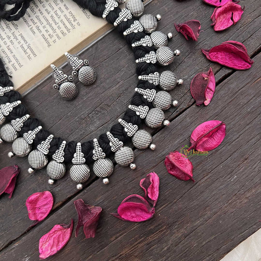 Vriksham Antique Oxidized Silver Coin Ball Necklace With Temple Dome Motifs Neckpiece-S921