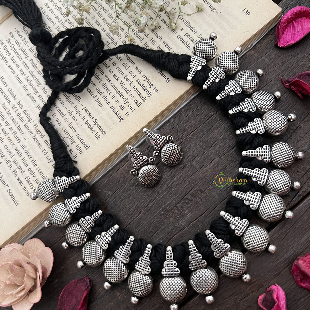 Vriksham Antique Oxidized Silver Coin Ball Necklace With Temple Dome Motifs Neckpiece-S921