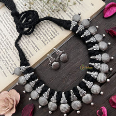 Vriksham Antique Oxidized Silver Coin Ball Necklace With Temple Dome Motifs Neckpiece-S921
