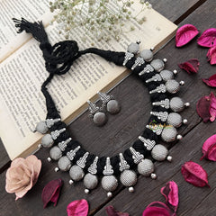 Vriksham Antique Oxidized Silver Coin Ball Necklace With Temple Dome Motifs Neckpiece-S921