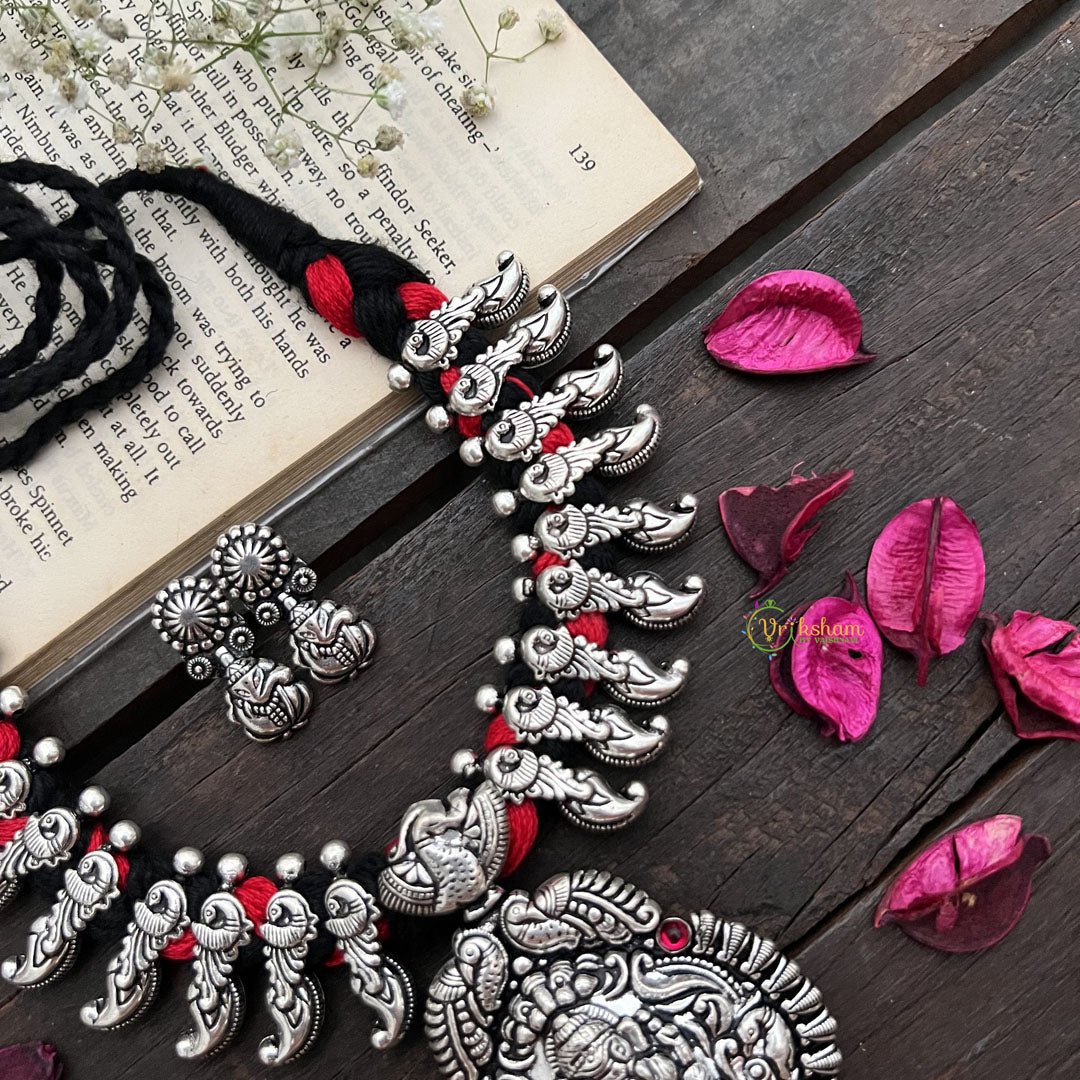Vriksham Oxidized Silver Ganesha Temple With Red Thread Detailing Neckpiece-S908