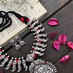 Vriksham Oxidized Silver Ganesha Temple With Red Thread Detailing Neckpiece-S908