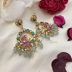 Statement Peacock Jadau Kundan Jhumkas-Pearl-Aqua Green Bead-J2407