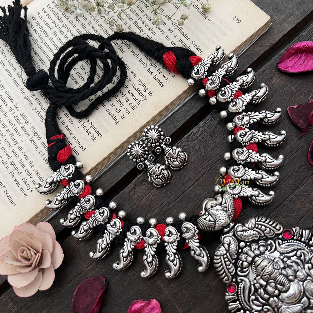 Vriksham Oxidized Silver Ganesha Temple With Red Thread Detailing Neckpiece-S908