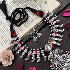 Vriksham Oxidized Silver Ganesha Temple With Red Thread Detailing Neckpiece-S908