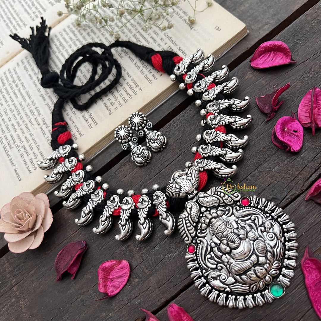 Vriksham Oxidized Silver Ganesha Temple With Red Thread Detailing Neckpiece-S908