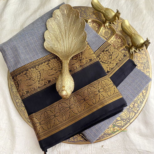 Dark Grey Kanchi Cotton Saree with Double Golden Border - Handloom - VS3708