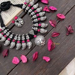 Vriksham Peacock Pendant With Lakshmi Oxidized Silver Neckpiece-S935
