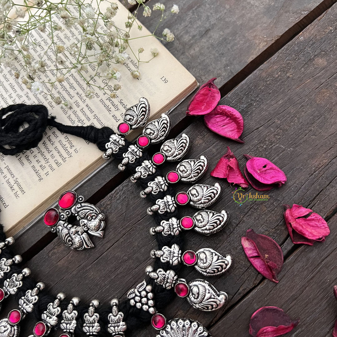 Vriksham Peacock Pendant With Lakshmi Oxidized Silver Neckpiece-S935