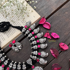 Vriksham Peacock Pendant With Lakshmi Oxidized Silver Neckpiece-S935