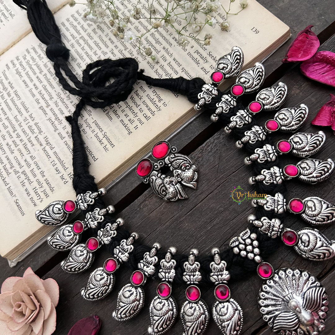 Vriksham Peacock Pendant With Lakshmi Oxidized Silver Neckpiece-S935