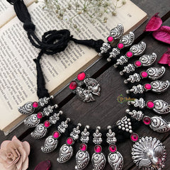 Vriksham Peacock Pendant With Lakshmi Oxidized Silver Neckpiece-S935