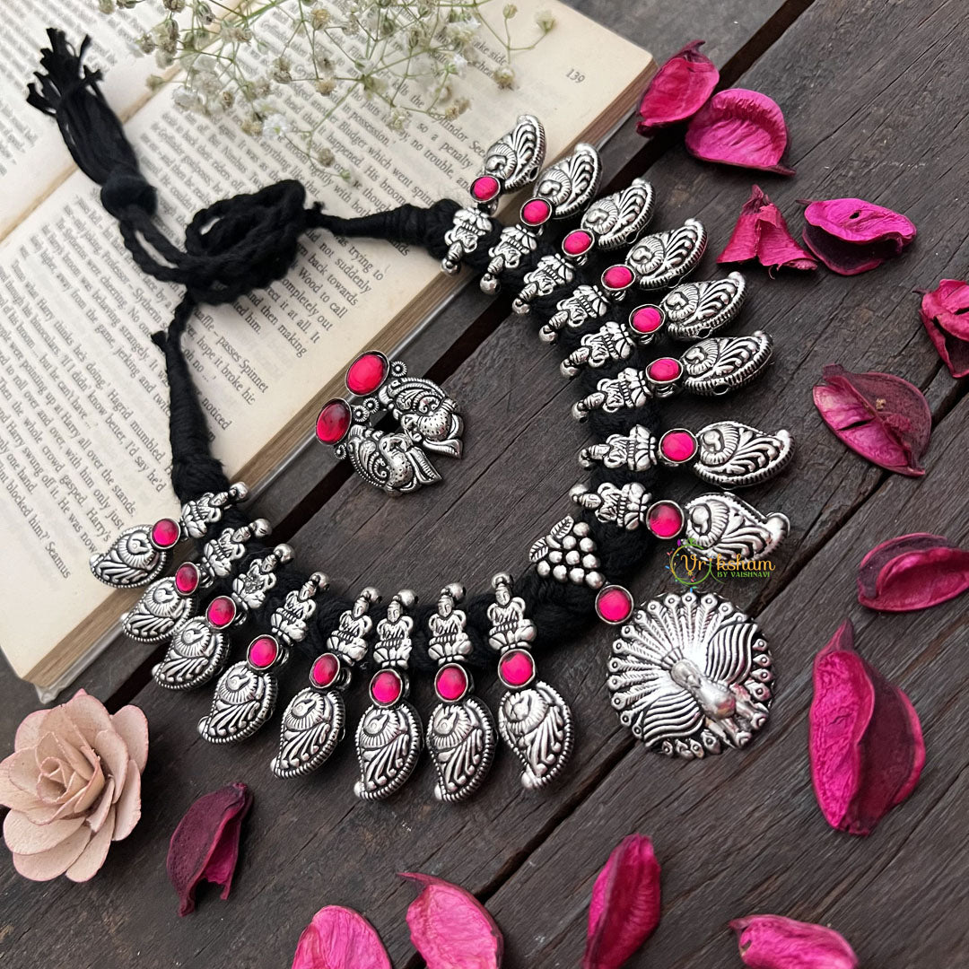 Vriksham Peacock Pendant With Lakshmi Oxidized Silver Neckpiece-S935