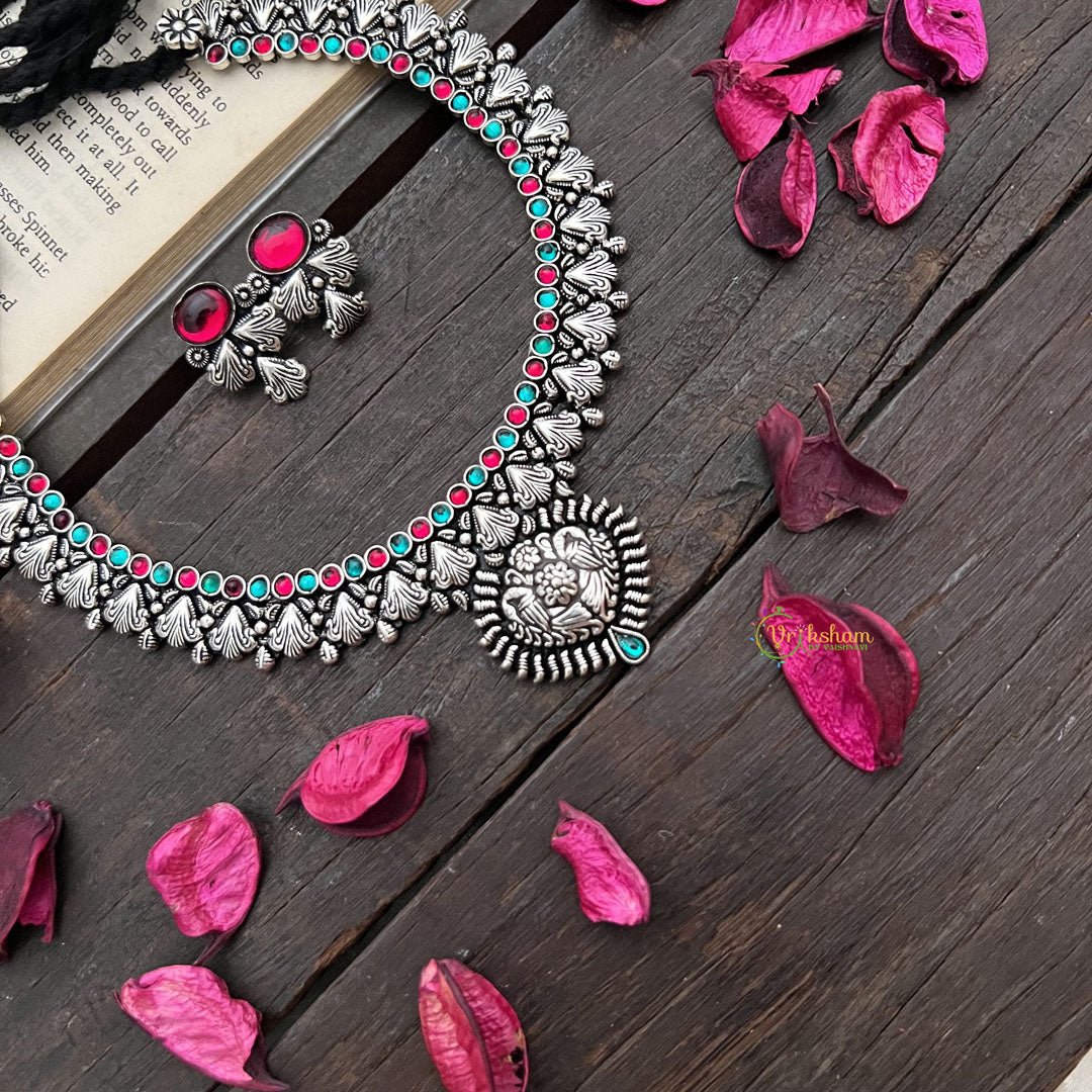 Vriksham Oxidized Silver Floral Pendant Neckpiece-Red Green-S914