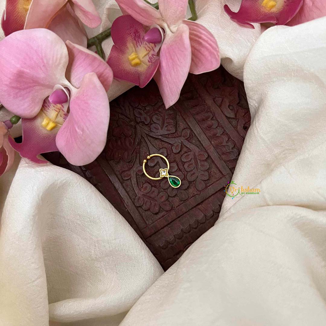 Vriksham Classic Green Pear Drop WIth White Floral Style Kundan Jadau Septum Ring-J4063