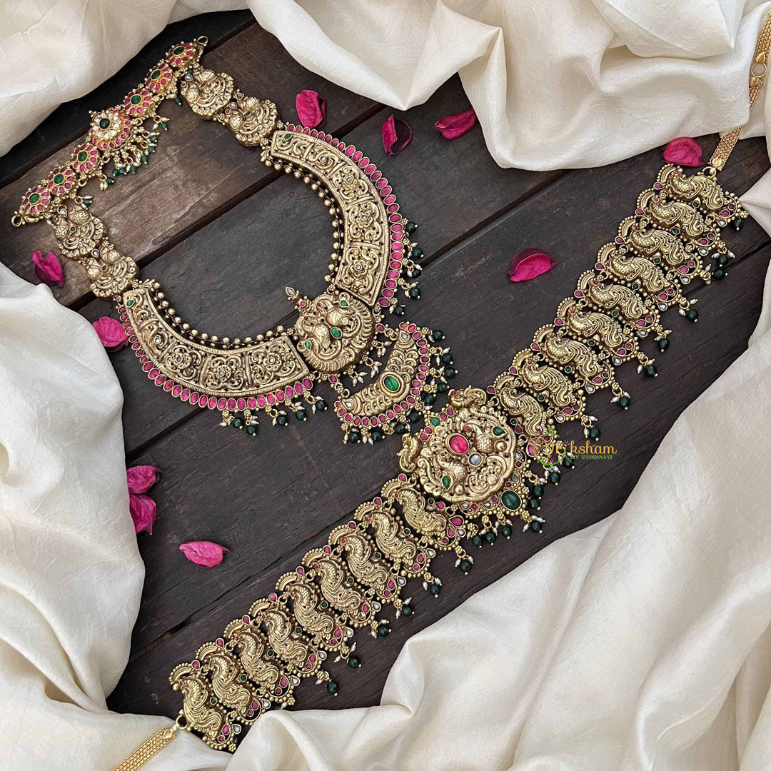 Vriksham Bridal 1 gm Gold Peacock Bridal Set-Green Bead-G20772