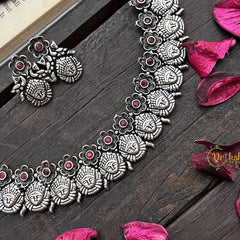Vriksham Antique Lakshmi Mukh & Floral Oxidized Silver Neckpiece-Red-S913